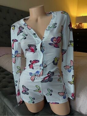 Butterfly Print White Long-Sleeve Romper - Multicolor